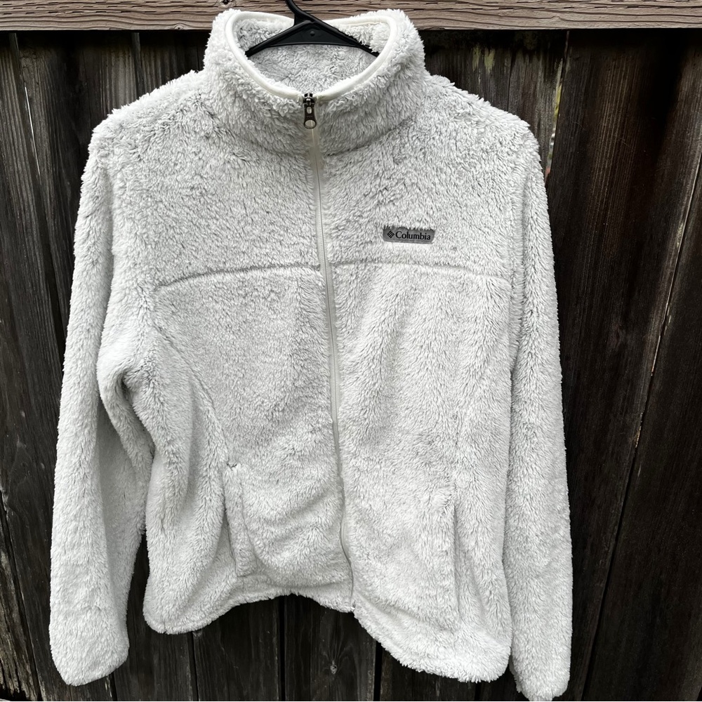 Columbia Cozy Zip Up Jacket Sweater White Fleece Fuzzy Pockets Outdoor Womens L